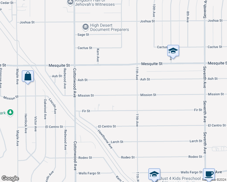 map of restaurants, bars, coffee shops, grocery stores, and more near 15146 Mission Street in Hesperia