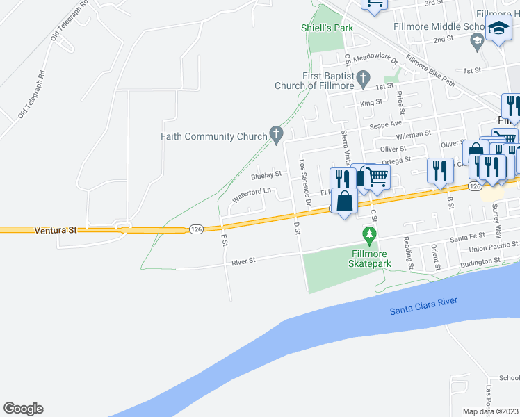 map of restaurants, bars, coffee shops, grocery stores, and more near 217 Cottonwood Lane in Fillmore
