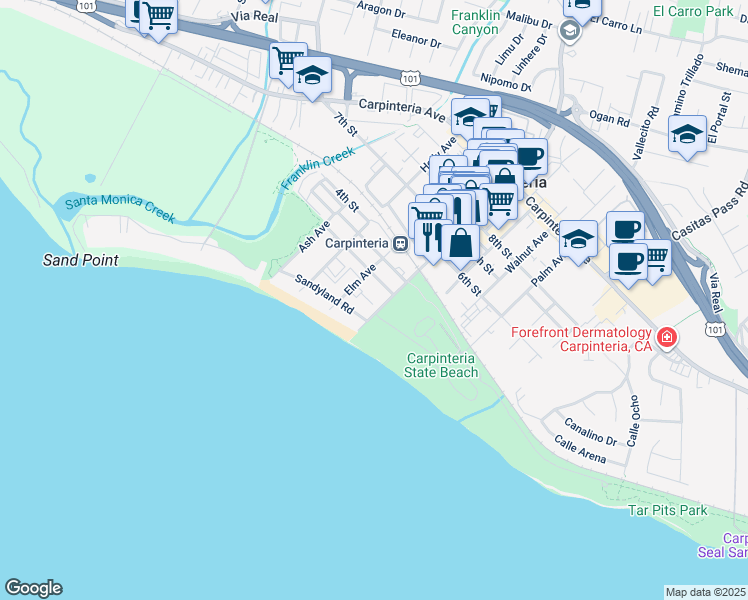 map of restaurants, bars, coffee shops, grocery stores, and more near 220 Elm Avenue in Carpinteria