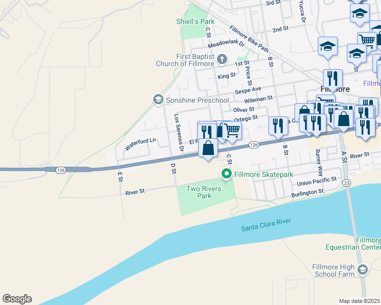map of restaurants, bars, coffee shops, grocery stores, and more near 828 West Ventura Street in Fillmore
