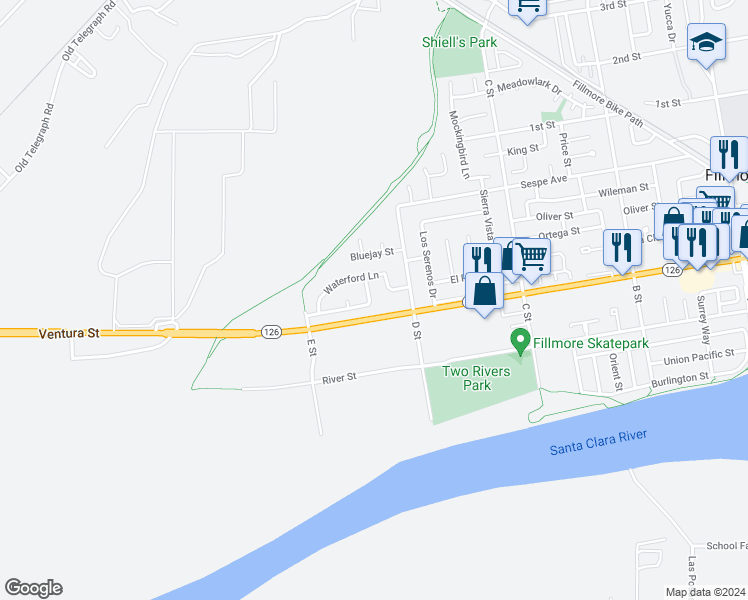map of restaurants, bars, coffee shops, grocery stores, and more near 216 Cottonwood Lane in Fillmore
