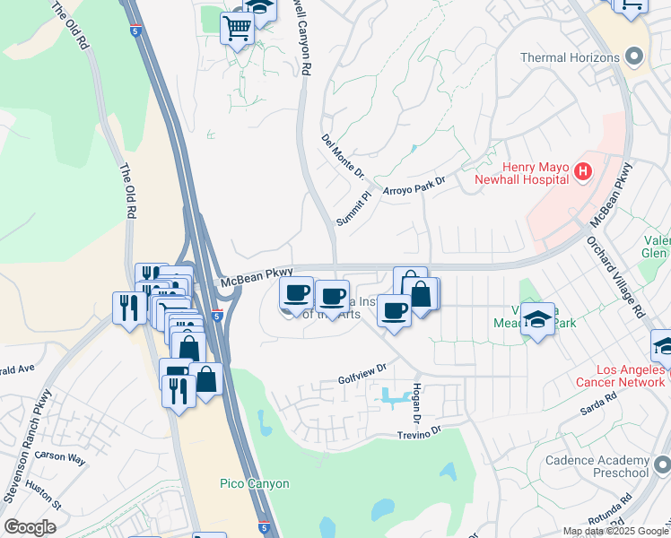 map of restaurants, bars, coffee shops, grocery stores, and more near McBean Pkwy & Rockwell Canyon Rd in Santa Clarita