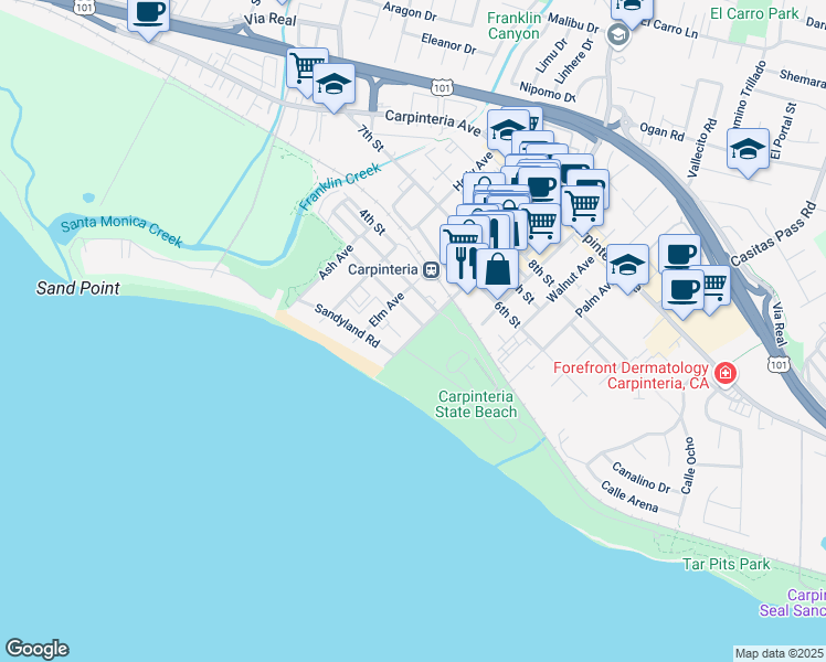 map of restaurants, bars, coffee shops, grocery stores, and more near 251 Linden Avenue in Carpinteria