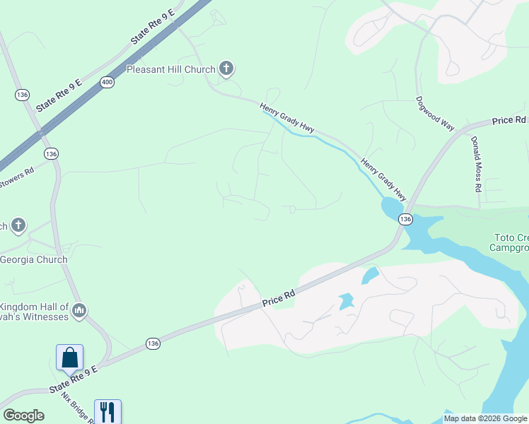 map of restaurants, bars, coffee shops, grocery stores, and more near 64 East Mountainside Drive in Dawsonville