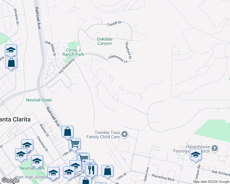 map of restaurants, bars, coffee shops, grocery stores, and more near 22239 Rolling Ridge Drive in Santa Clarita