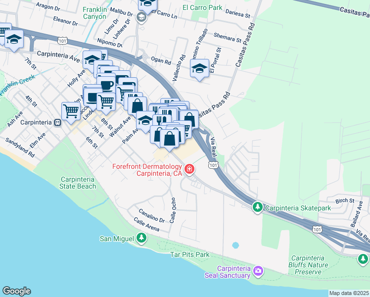 map of restaurants, bars, coffee shops, grocery stores, and more near 5412 Carpinteria Avenue in Carpinteria