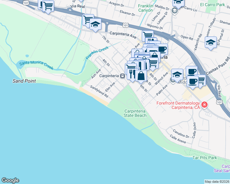map of restaurants, bars, coffee shops, grocery stores, and more near 220 Elm Avenue in Carpinteria