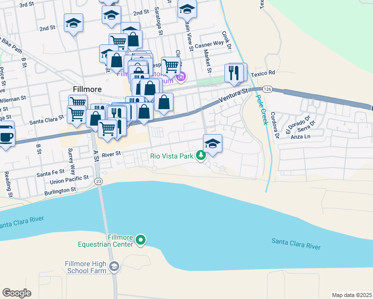 map of restaurants, bars, coffee shops, grocery stores, and more near 81 Wildwood Lane in Fillmore