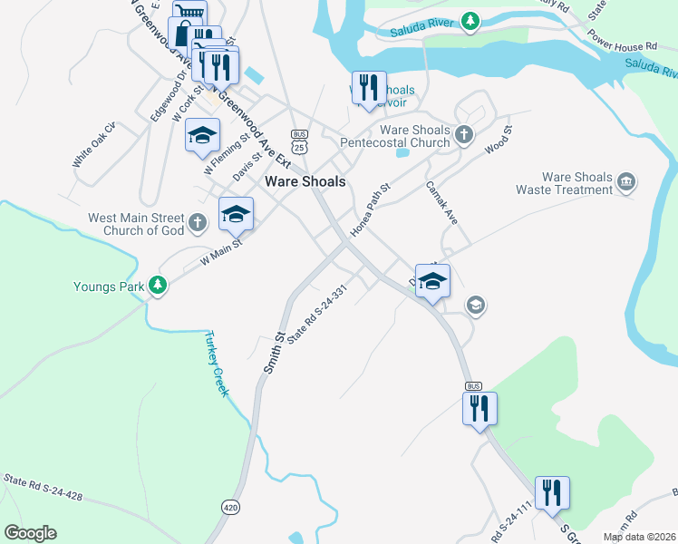 map of restaurants, bars, coffee shops, grocery stores, and more near 25 South Riegel Avenue in Ware Shoals