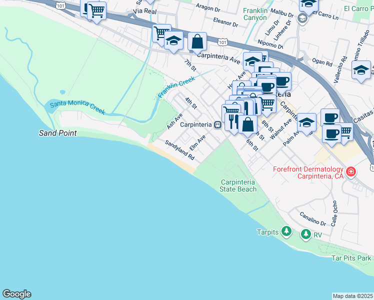 map of restaurants, bars, coffee shops, grocery stores, and more near 4858 Sandyland Road in Carpinteria