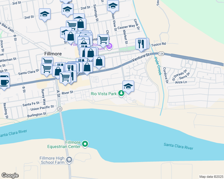 map of restaurants, bars, coffee shops, grocery stores, and more near 81 Wildwood Lane in Fillmore