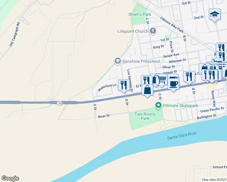 map of restaurants, bars, coffee shops, grocery stores, and more near 222 Cottonwood Lane in Fillmore