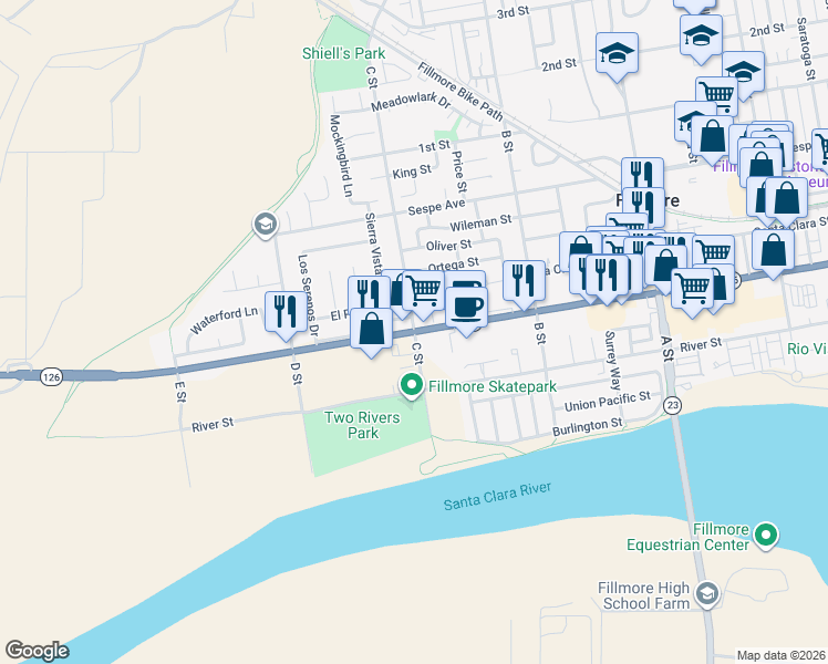 map of restaurants, bars, coffee shops, grocery stores, and more near 1163 West Ventura Street in Fillmore
