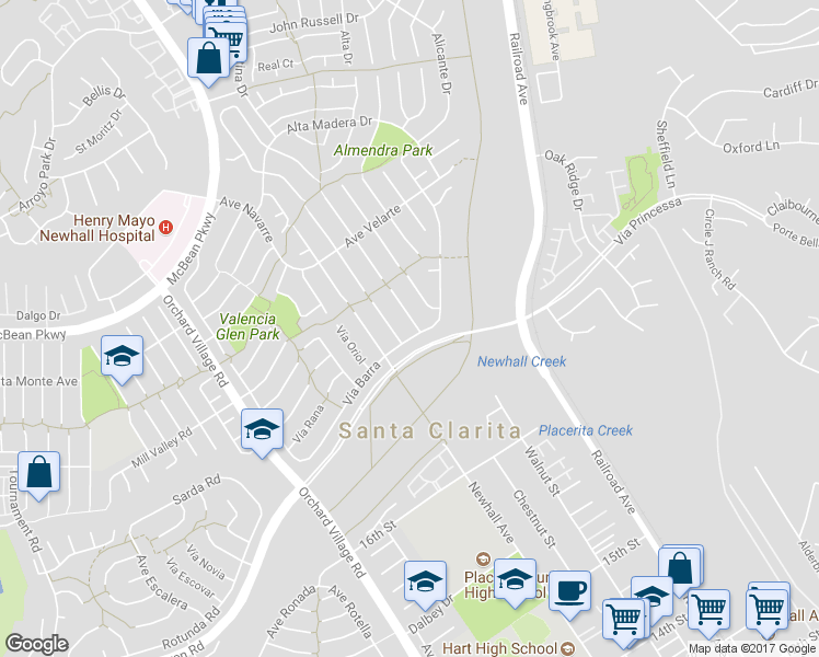 map of restaurants, bars, coffee shops, grocery stores, and more near 25309 Vía Saludo in Santa Clarita