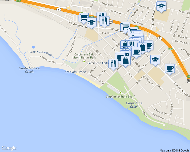 map of restaurants, bars, coffee shops, grocery stores, and more near 4858 Sandyland Road in Carpinteria