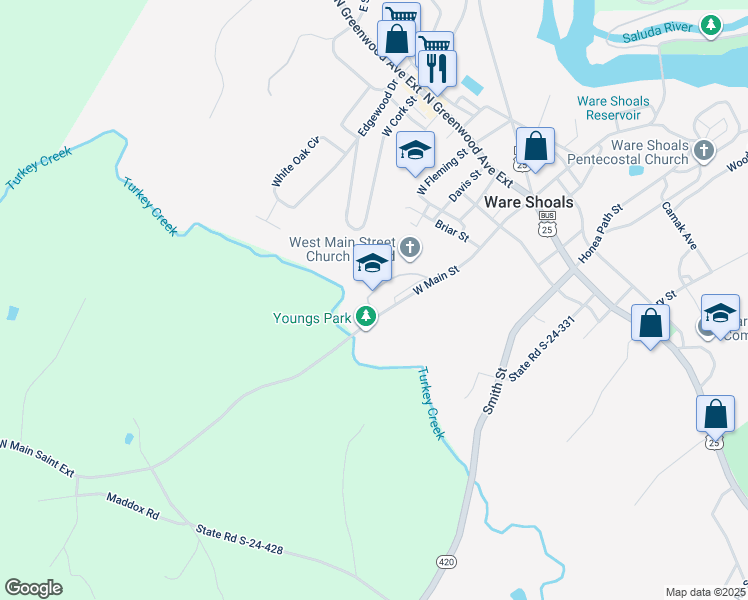 map of restaurants, bars, coffee shops, grocery stores, and more near 45 West Main Street in Ware Shoals