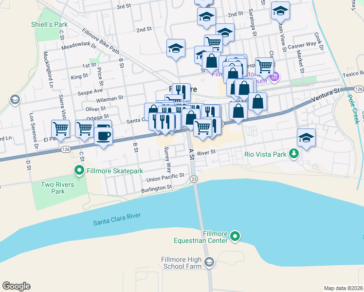 map of restaurants, bars, coffee shops, grocery stores, and more near 112 Carriage Place in Fillmore