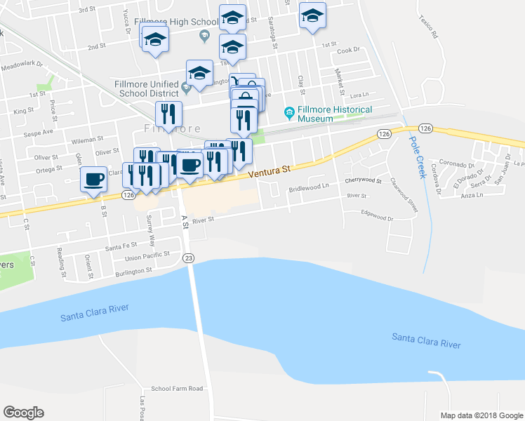 map of restaurants, bars, coffee shops, grocery stores, and more near River Street & Central Avenue in Fillmore