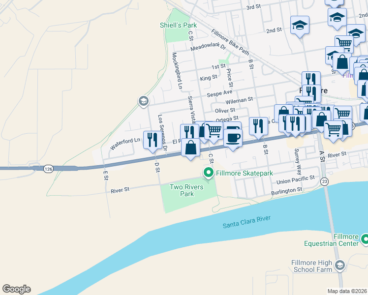 map of restaurants, bars, coffee shops, grocery stores, and more near 1163 West Ventura Street in Fillmore