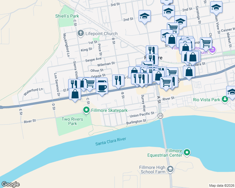map of restaurants, bars, coffee shops, grocery stores, and more near 900 Ventura Street in Maricopa