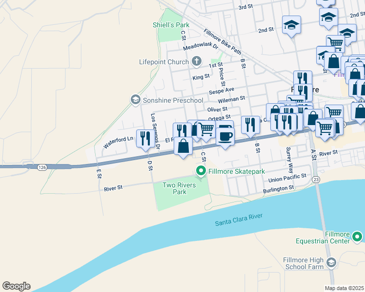 map of restaurants, bars, coffee shops, grocery stores, and more near 1149 Ventura Street in Fillmore