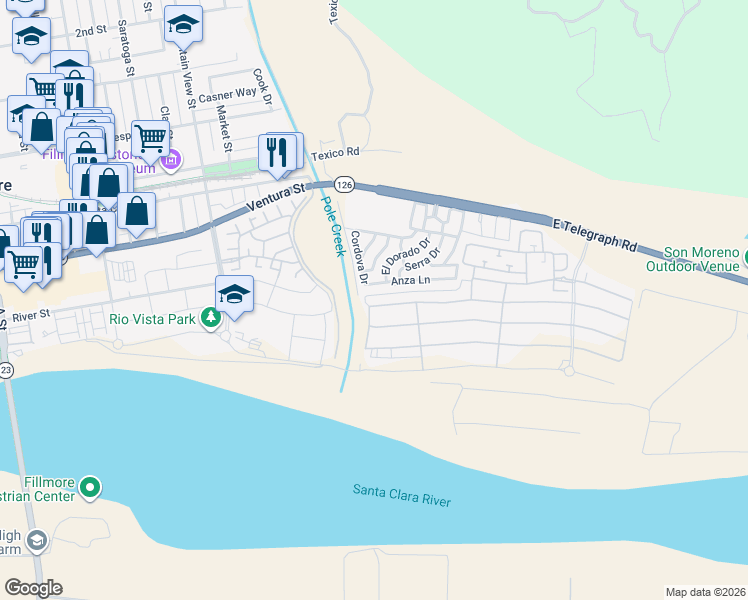 map of restaurants, bars, coffee shops, grocery stores, and more near 113 Azalea Street in Fillmore