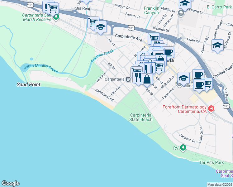 map of restaurants, bars, coffee shops, grocery stores, and more near 220 Elm Avenue in Carpinteria