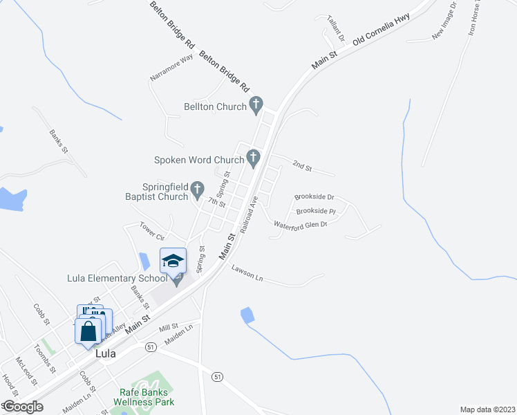 map of restaurants, bars, coffee shops, grocery stores, and more near 196 Railroad Avenue in Lula