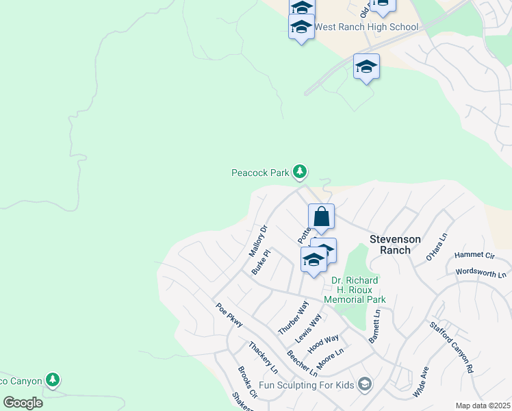 map of restaurants, bars, coffee shops, grocery stores, and more near 26031 Tennyson Lane in Stevenson Ranch