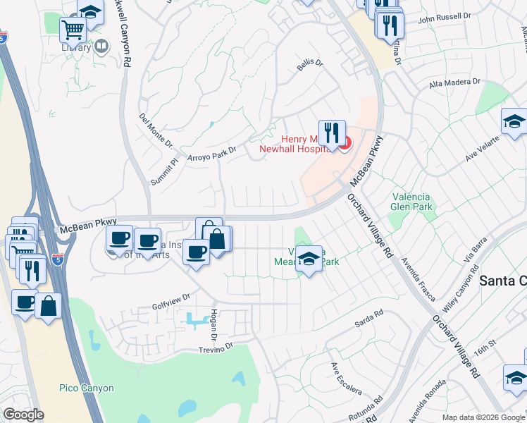 map of restaurants, bars, coffee shops, grocery stores, and more near 24214 Dalgo Drive in Santa Clarita
