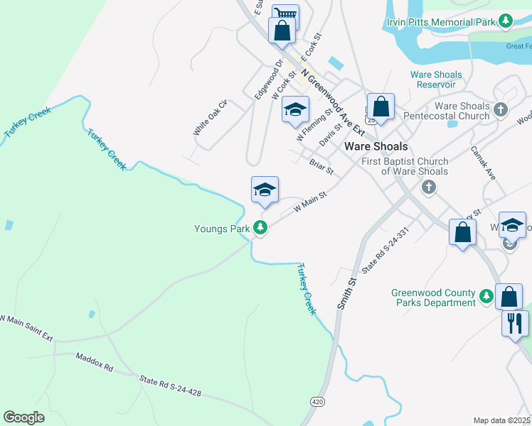 map of restaurants, bars, coffee shops, grocery stores, and more near 45 West Main Street in Ware Shoals