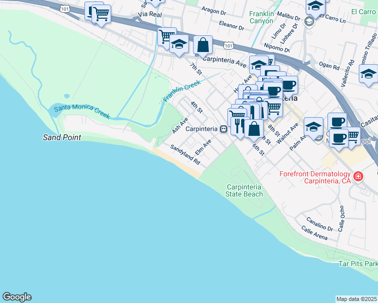 map of restaurants, bars, coffee shops, grocery stores, and more near 4858 Sandyland Road in Carpinteria