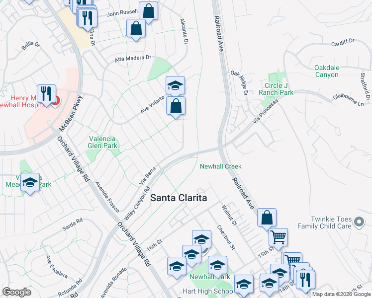 map of restaurants, bars, coffee shops, grocery stores, and more near 25300 Vía Dona Christa in Santa Clarita