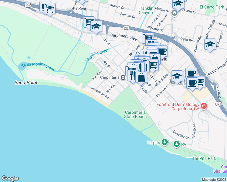 map of restaurants, bars, coffee shops, grocery stores, and more near 220 Elm Avenue in Carpinteria