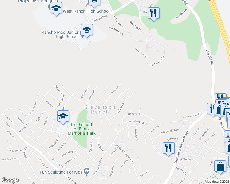 map of restaurants, bars, coffee shops, grocery stores, and more near 26126 Twain Place in Stevenson Ranch