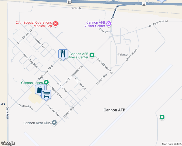 map of restaurants, bars, coffee shops, grocery stores, and more near D. L. Ingram Avenue in Cannon Air Force Base