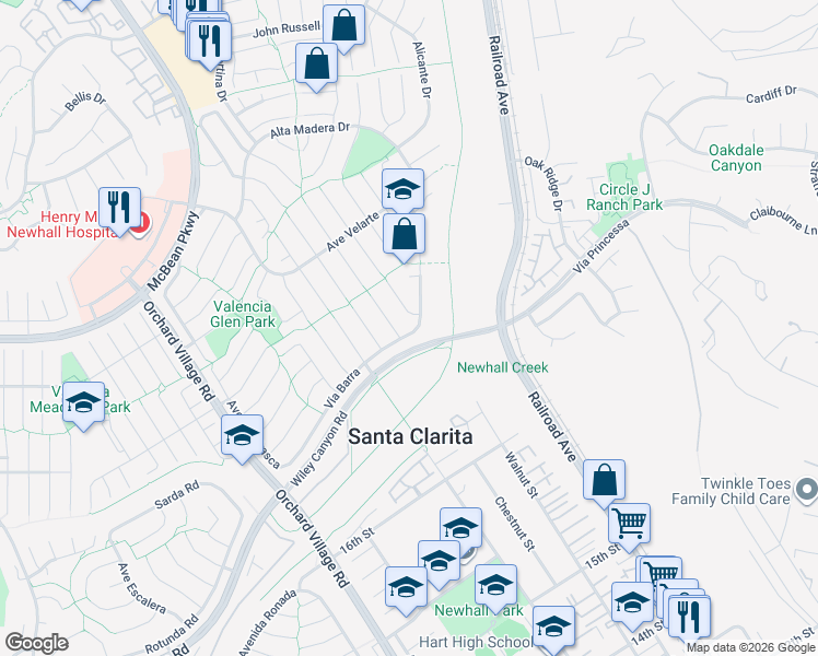 map of restaurants, bars, coffee shops, grocery stores, and more near 23209 Vía Barra in Santa Clarita