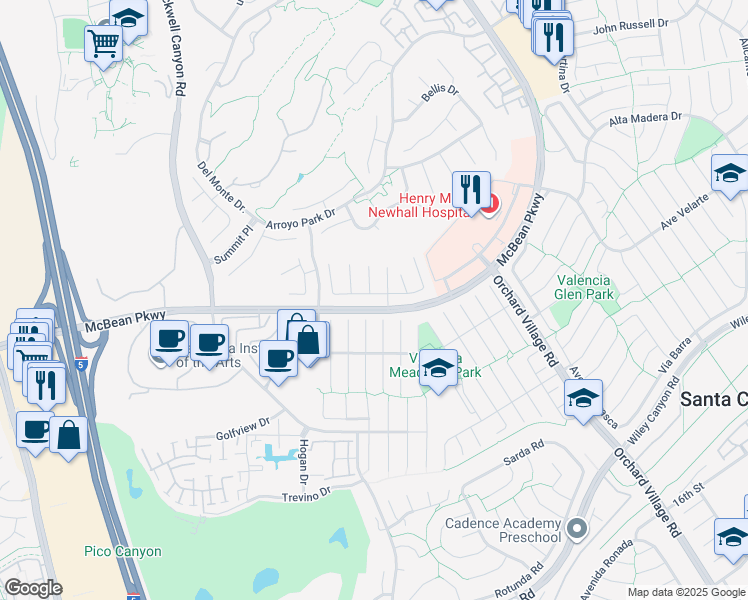 map of restaurants, bars, coffee shops, grocery stores, and more near 24214 Dalgo Drive in Santa Clarita