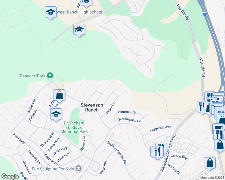 map of restaurants, bars, coffee shops, grocery stores, and more near 26089 Salinger Lane in Stevenson Ranch