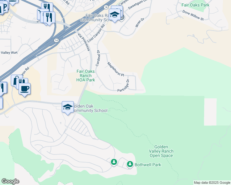 map of restaurants, bars, coffee shops, grocery stores, and more near 26404 Partridge Drive in Santa Clarita