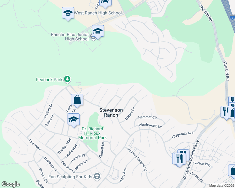 map of restaurants, bars, coffee shops, grocery stores, and more near 26104 Singer Place in Stevenson Ranch