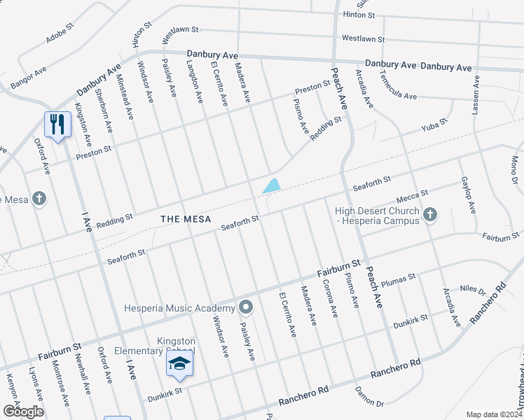 map of restaurants, bars, coffee shops, grocery stores, and more near 18068 Seaforth Street in Hesperia