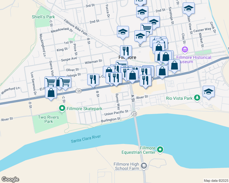 map of restaurants, bars, coffee shops, grocery stores, and more near 117 Surrey Way in Fillmore
