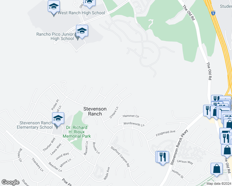 map of restaurants, bars, coffee shops, grocery stores, and more near 26089 Salinger Lane in Stevenson Ranch