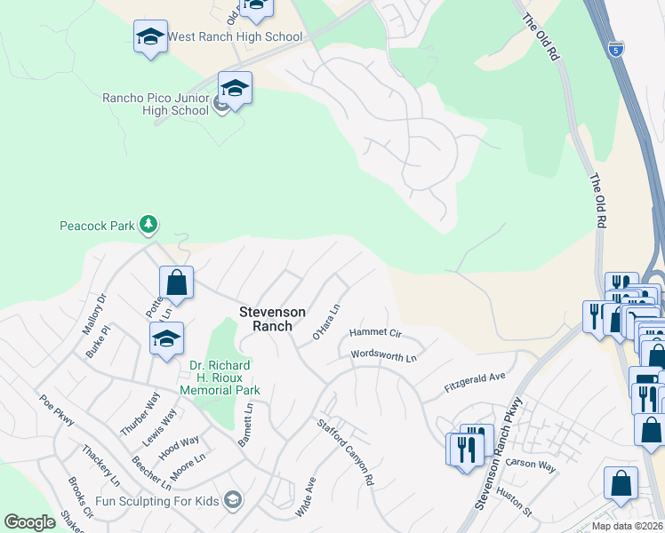 map of restaurants, bars, coffee shops, grocery stores, and more near 26126 Twain Place in Stevenson Ranch