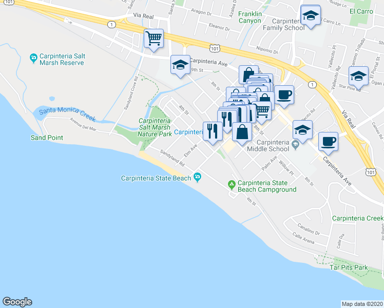 map of restaurants, bars, coffee shops, grocery stores, and more near 220 Elm Avenue in Carpinteria