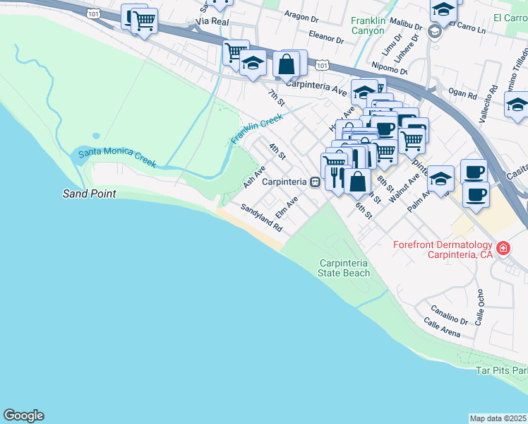 map of restaurants, bars, coffee shops, grocery stores, and more near 4858 Sandyland Road in Carpinteria