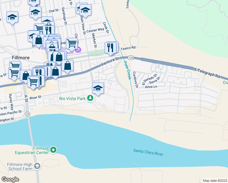 map of restaurants, bars, coffee shops, grocery stores, and more near 188 River Street in Fillmore