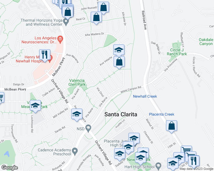 map of restaurants, bars, coffee shops, grocery stores, and more near 25335 Vía Ramon in Santa Clarita