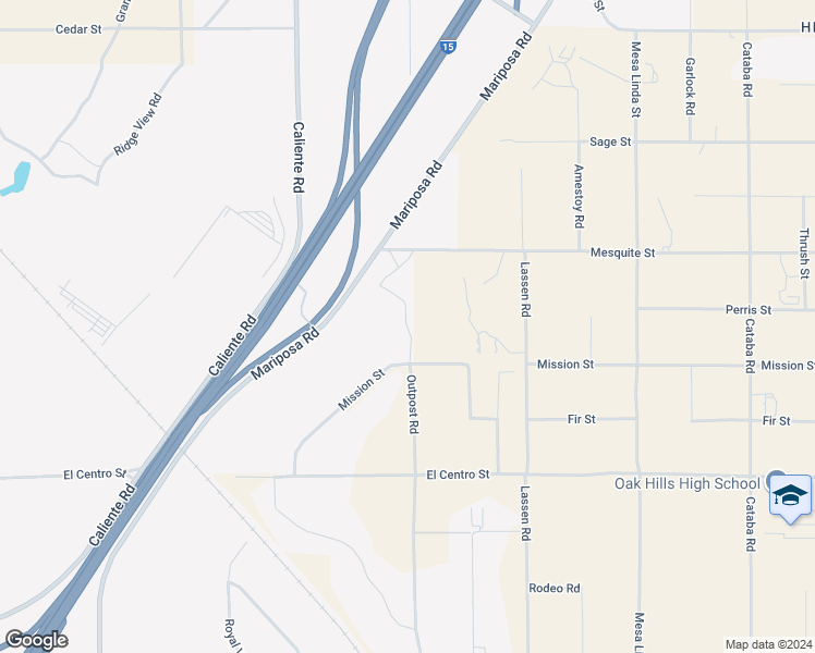 map of restaurants, bars, coffee shops, grocery stores, and more near Outpost Road in Hesperia